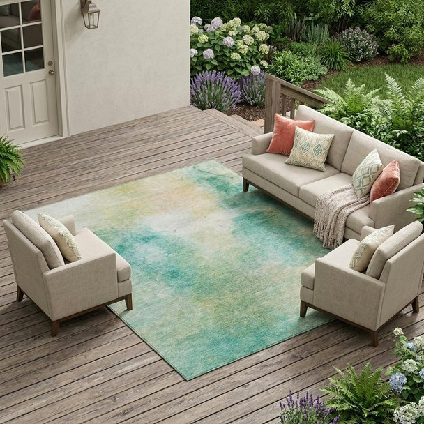 10' X 14' Aqua And Teal Blue Abstract Washable Indoor Outdoor Area Rug