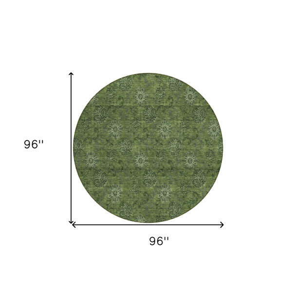 8' Olive Green And Green Round Floral Washable Indoor Outdoor Area Rug