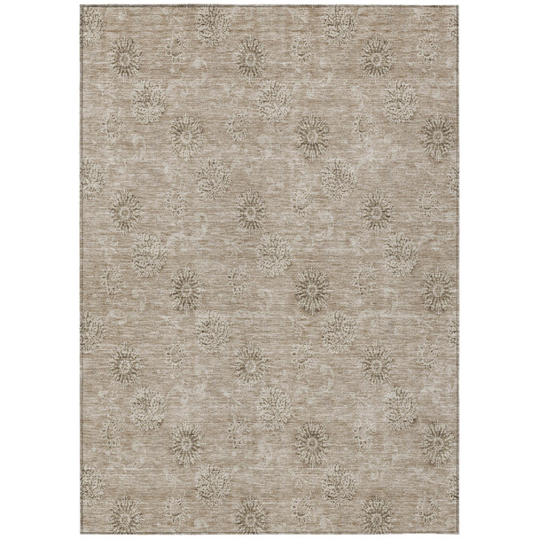 10' X 14' Khaki Beige And Tan Floral Washable Indoor Outdoor Area Rug