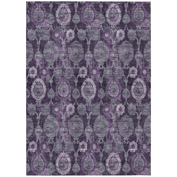 5' X 8' Eggplant Purple And Lavender Damask Washable Indoor Outdoor Area Rug
