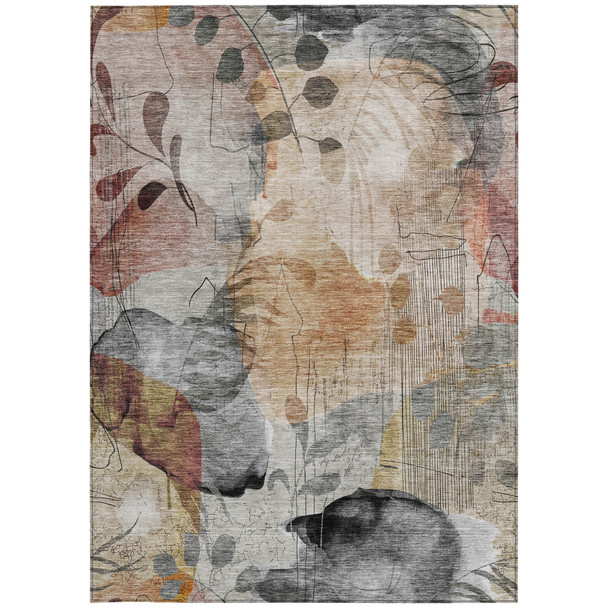 5' X 8' Terra Cotta Copper And Beige Floral Washable Indoor Outdoor Area Rug