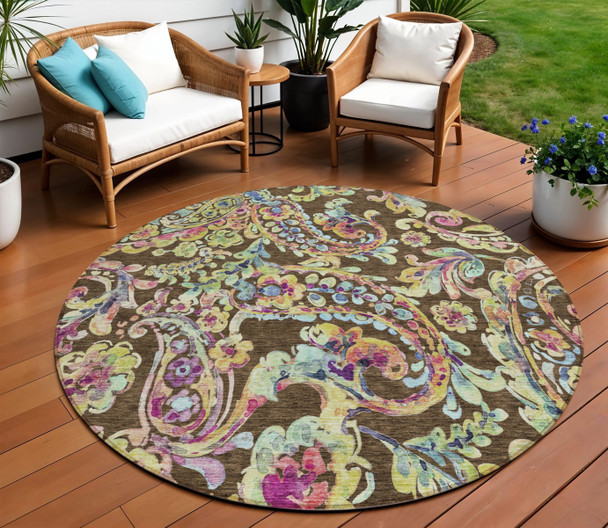 8' Chocolate And Artichoke Green Round Paisley Washable Indoor Outdoor Area Rug