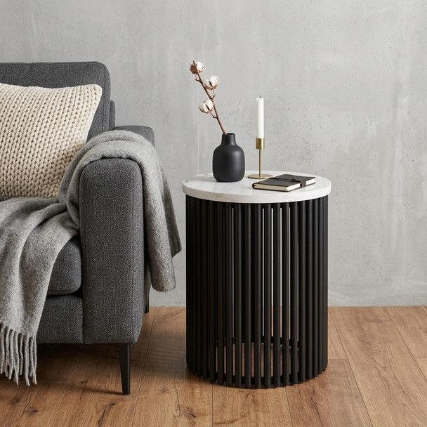 21" White and Black Marble and Iron Round Drum End Table