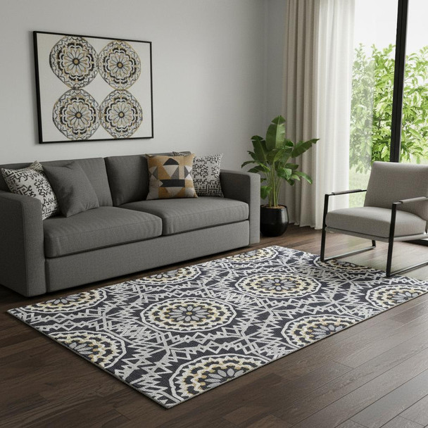 5' X 8' Black Ivory And Gold Geometric Washable Area Rug With UV Protection
