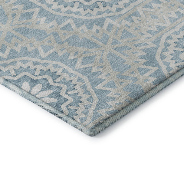 3' X 5' Denim Blue And Ivory Geometric Washable Area Rug With UV Protection
