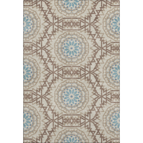 5' X 8' Khaki And Teal Geometric Washable Area Rug With UV Protection