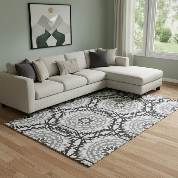 9' X 12' White And Black Geometric Washable Area Rug With UV Protection