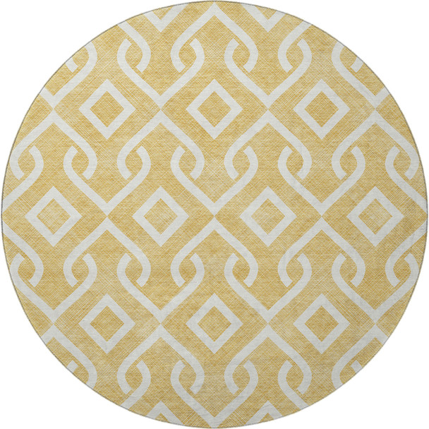 8' Gold And Ivory Geometric Washable Round Rug With UV Protection