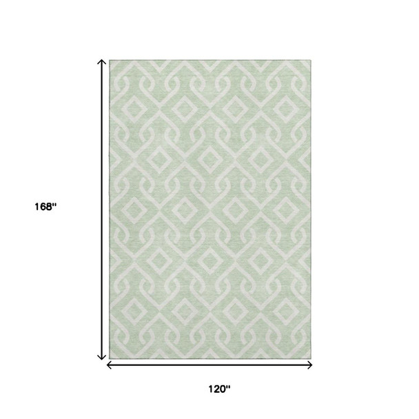 10' X 14' Mint Green And Ivory Geometric Washable Area Rug With UV Protection