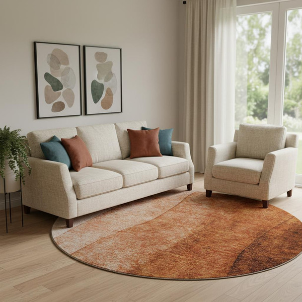 8' Chili Red And Ivory Ombre Washable Round Rug With UV Protection