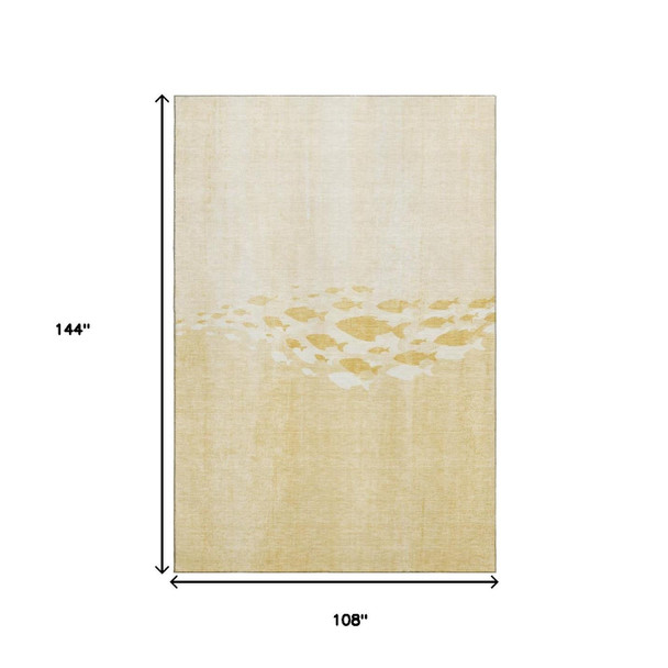 9' X 12' Gold And Ivory Nautical Washable Area Rug With UV Protection