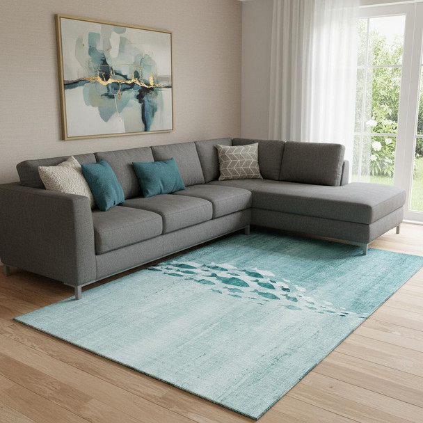 9' X 12' Teal And Ivory Nautical Washable Area Rug With UV Protection