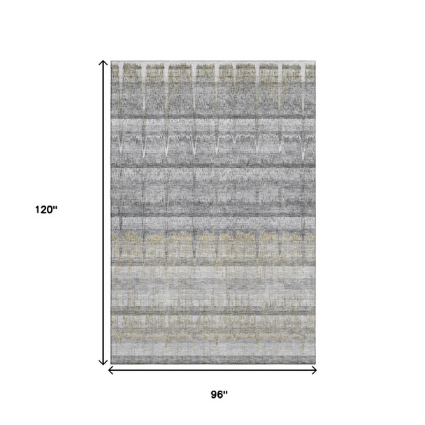 8' X 10' Gray Ivory And Gold Striped Washable Area Rug With UV Protection