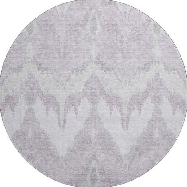 8' Lavender And Silver Ikat Washable Round Rug With UV Protection