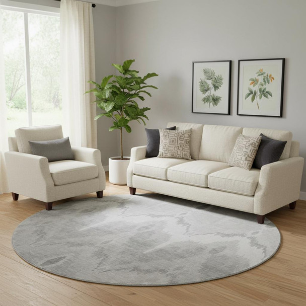 8' Silver And Gray Ikat Washable Round Rug With UV Protection