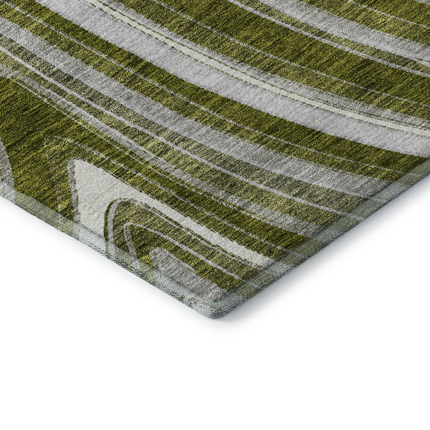 8' Olive Green Ivory And Gray Marble Washable Round Rug With UV Protection