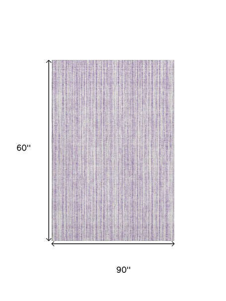 5' X 8' Lavender And Ivory Striped Washable Area Rug With UV Protection
