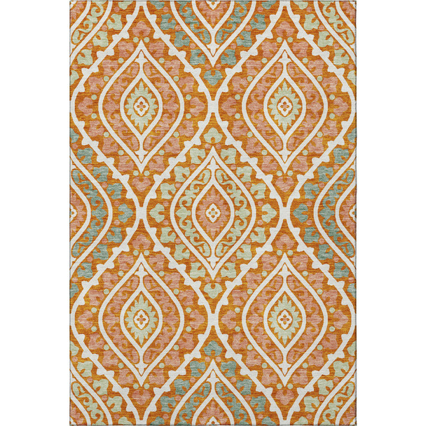 3' X 5' Orange Green And Ivory Diamond Washable Area Rug With UV Protection