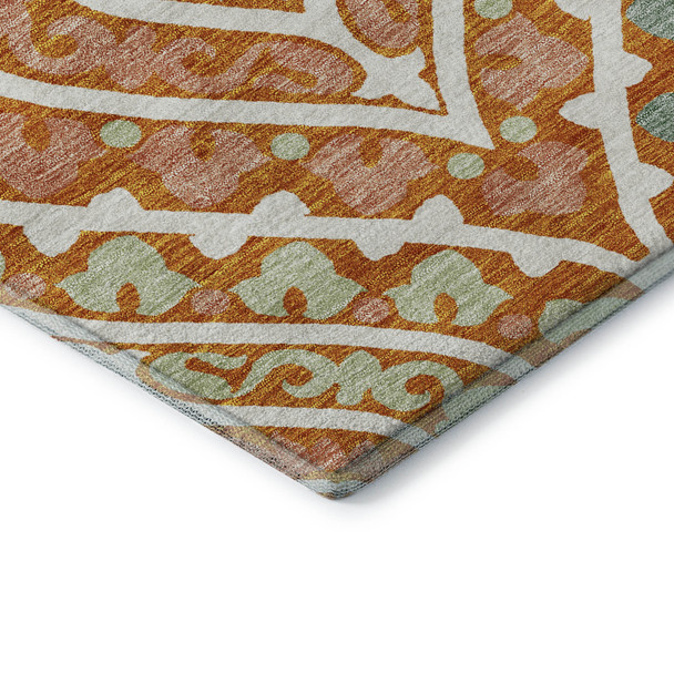 5' X 8' Orange Green And Ivory Diamond Washable Area Rug With UV Protection
