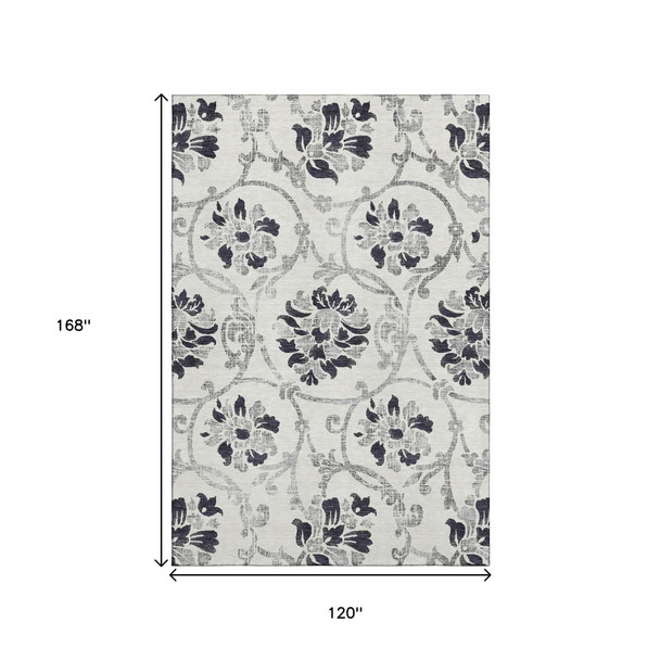 10' X 14' Black And Ivory Floral Washable Area Rug With UV Protection