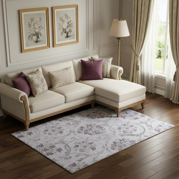 8' X 10' Lavender Gray And Silver Floral Washable Area Rug With UV Protection