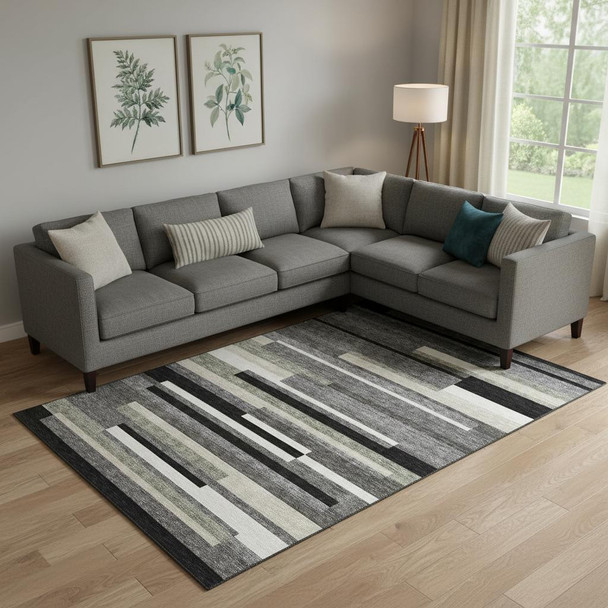 10' X 14' Black Gray And Ivory Striped Washable Area Rug With UV Protection