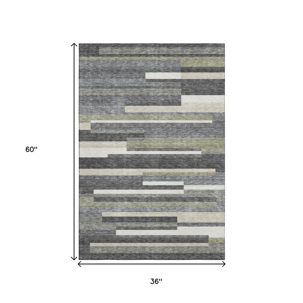 3' X 5' Charcoal Gray And Silver Striped Washable Area Rug With UV Protection