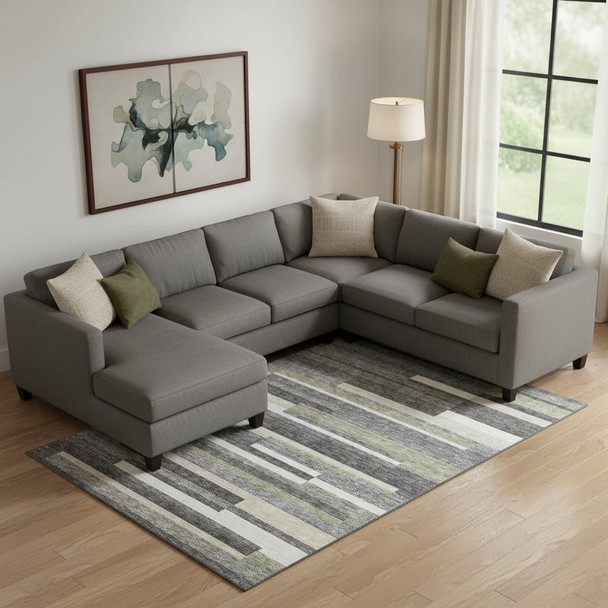 10' X 14' Charcoal Gray And Silver Striped Washable Area Rug With UV Protection