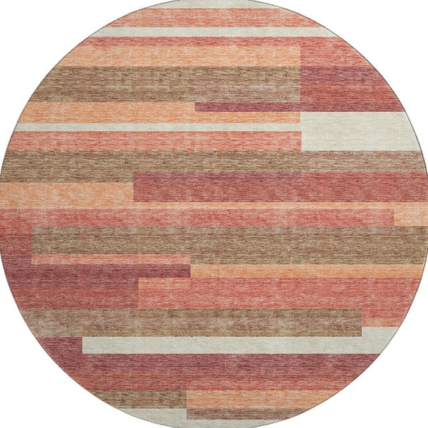 8' Coral Taupe And Orange Striped Washable Round Rug With UV Protection