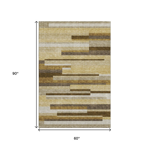 5' X 8' Khaki Taupe And Gold Striped Washable Area Rug With UV Protection