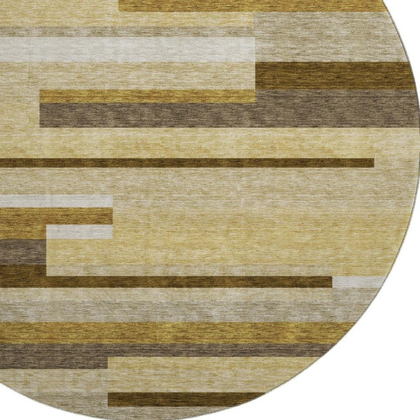 8' Khaki Taupe And Gold Striped Washable Round Rug With UV Protection
