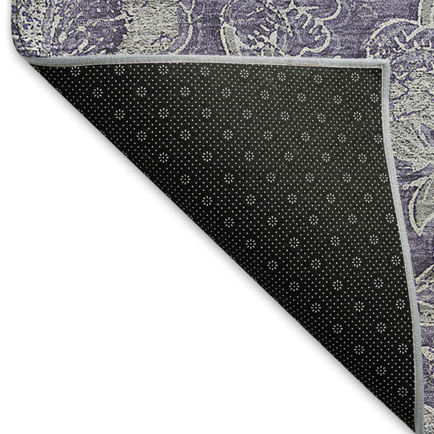 9' X 12' Eggplant And Gray Floral Washable Area Rug With UV Protection