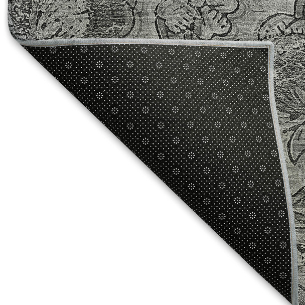 10' X 14' Gray And Charcoal Floral Washable Area Rug With UV Protection