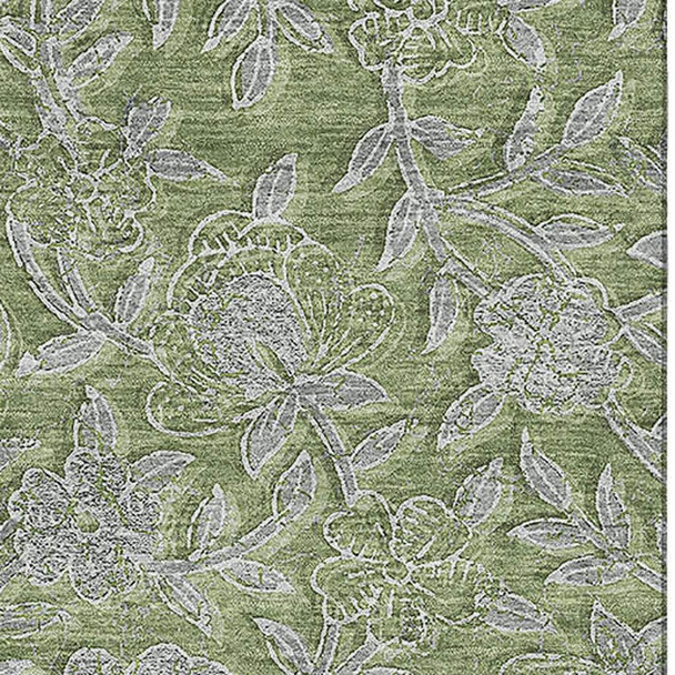 5' X 8' Olive Green And Gray Floral Washable Area Rug With UV Protection
