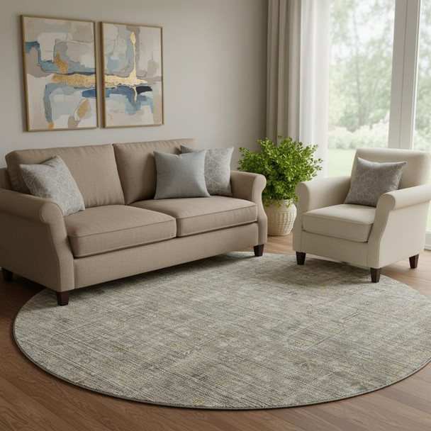8' Taupe Gray And Beige Southwestern Washable Round Rug With UV Protection