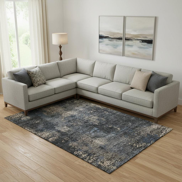 9' X 12' Charcoal Blue And Beige Abstract Washable Area Rug With UV Protection