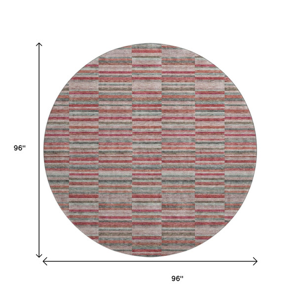 8' Red Beige And Copper Striped Washable Round Rug With UV Protection