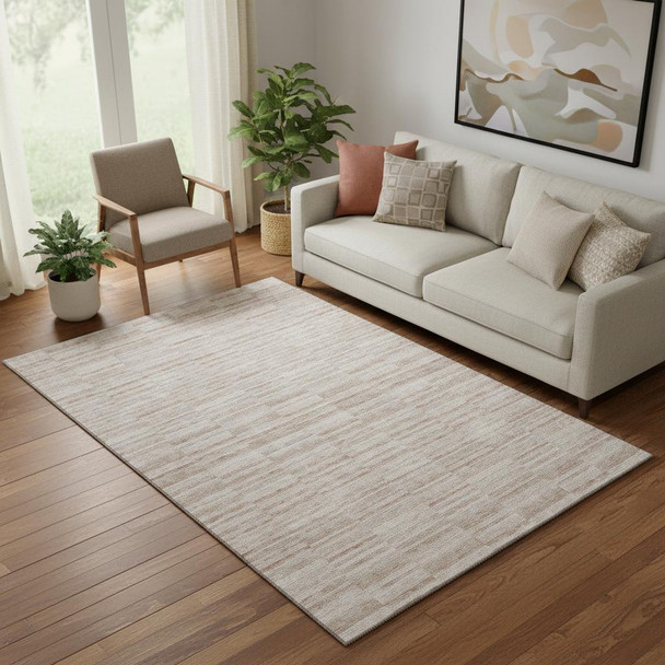 5' X 8' Salmon And Beige Striped Washable Area Rug With UV Protection