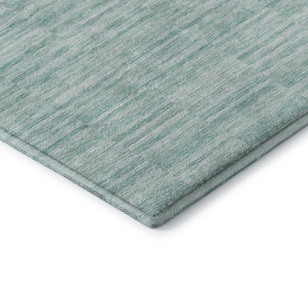 8' Turquoise Gray And Ivory Striped Washable Round Rug With UV Protection