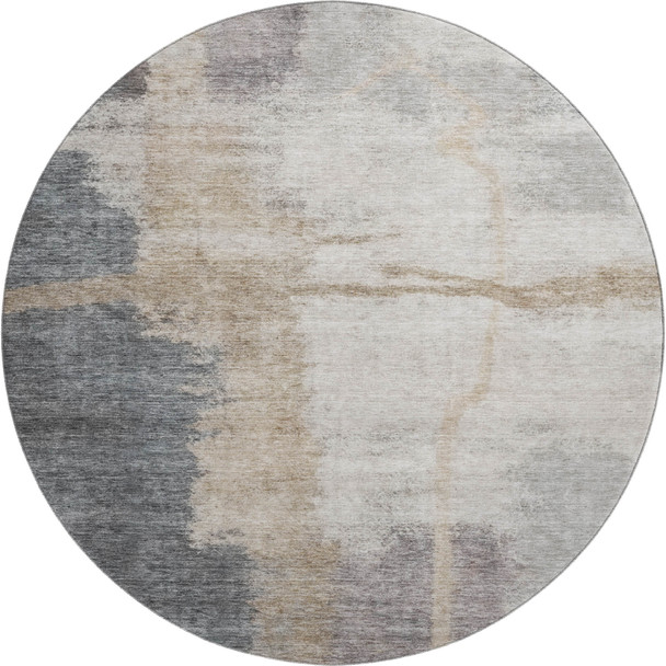 8' Gray Beige And Ivory Abstract Washable Round Rug With UV Protection