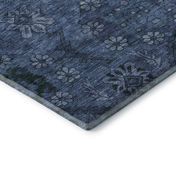 10' X 14' Navy Blue And Gray Floral Washable Area Rug With UV Protection