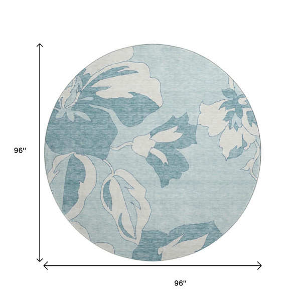 8' Teal And Ivory Floral Washable Round Rug With UV Protection