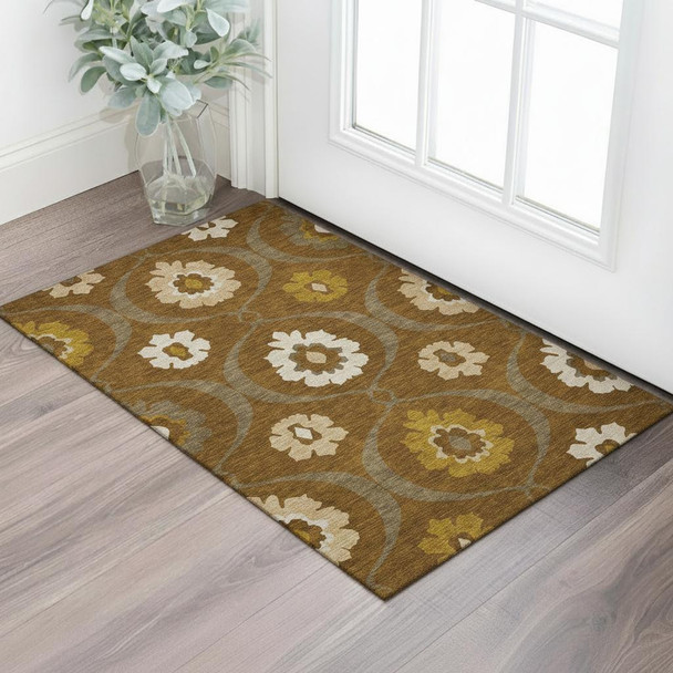 3' X 5' Coffee Gold And Beige Medallion Washable Area Rug With UV Protection
