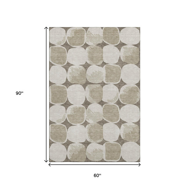 5' X 8' Taupe And Beige Abstract Geometric Washable Area Rug With UV Protection