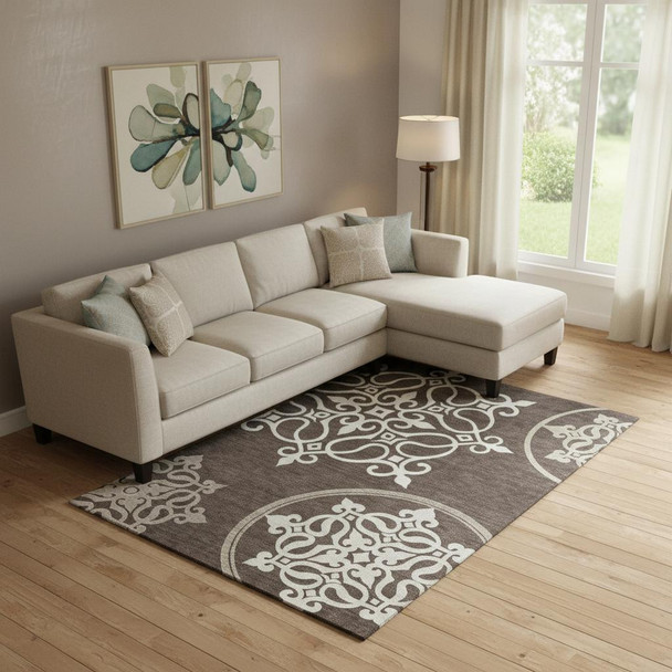 8' X 10' Chocolate And Ivory Floral Medallion Washable Area Rug With UV Protection