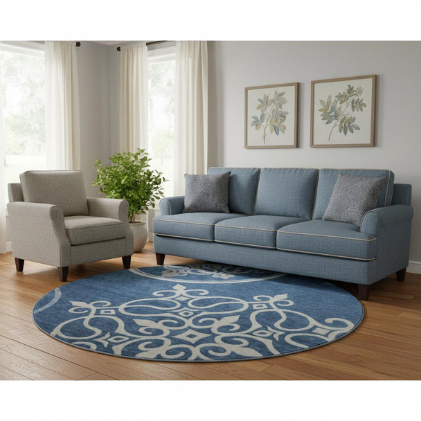 8' Navy Blue Ivory And Gray Floral Medallion Washable Round Rug With UV Protection