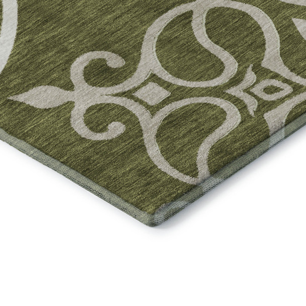 10' X 14' Olive Green Ivory And Beige Floral Medallion Washable Area Rug With UV Protection