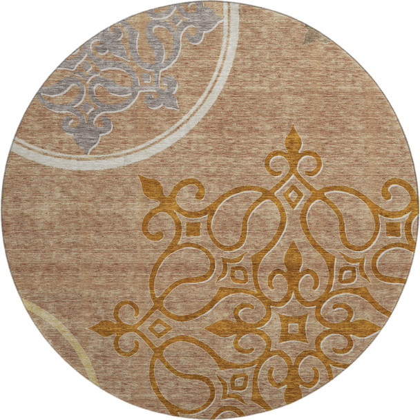 8' Terra Cotta Gray And Gold Floral Medallion Washable Round Rug With UV Protection