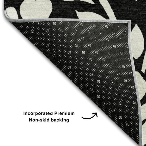10' X 14' Black And Ivory Floral Washable Area Rug With UV Protection