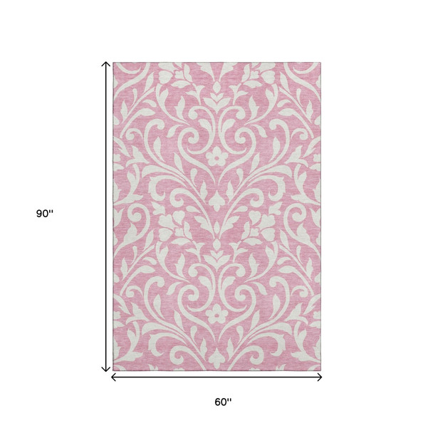 5' X 8' Pink And Ivory Floral Washable Area Rug With UV Protection